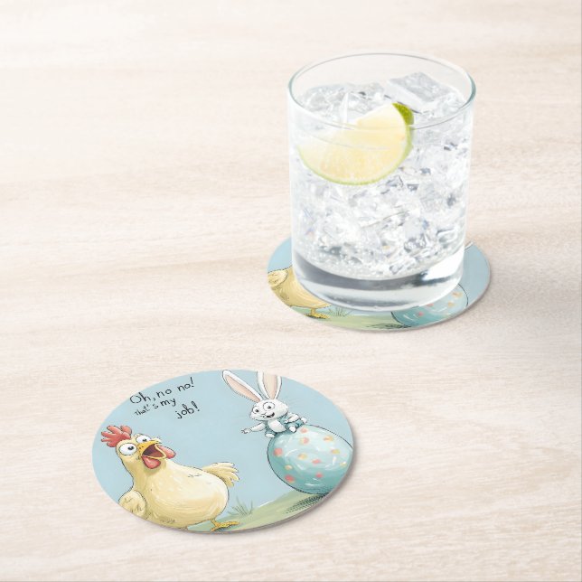 Cartoon Bunny Chick Egg Easter Fun Round Paper Coaster (Insitu)