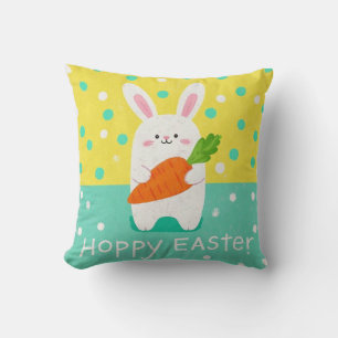 Cartoon bunny holding a carrot, polka dots cushion