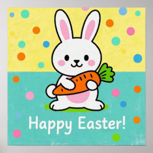 Cartoon bunny holding a carrot polka dots poster