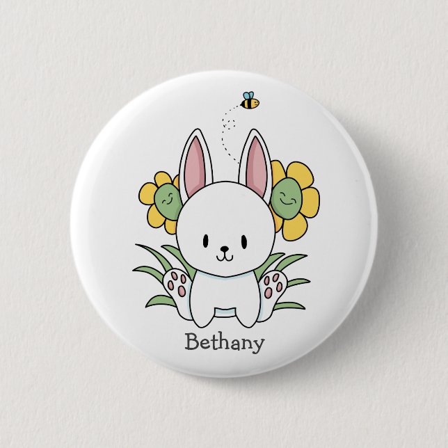 Cartoon Bunny Rabbit With Funny Flowers 6 Cm Round Badge (Front)