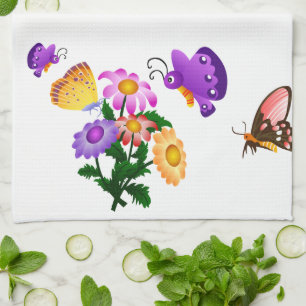 Cartoon Butterfly and Flowers American MoJo Kitch Tea Towel