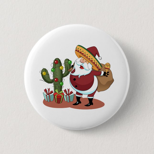Cartoon cactus and Santa Claus wearing a sombrero 6 Cm Round Badge (Front)