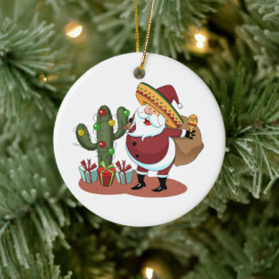 Cartoon cactus and Santa Claus wearing a sombrero Ceramic Ornament