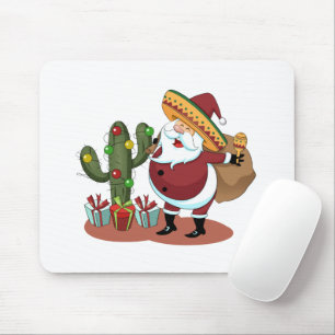 Cartoon cactus and Santa Claus wearing a sombrero Mouse Pad