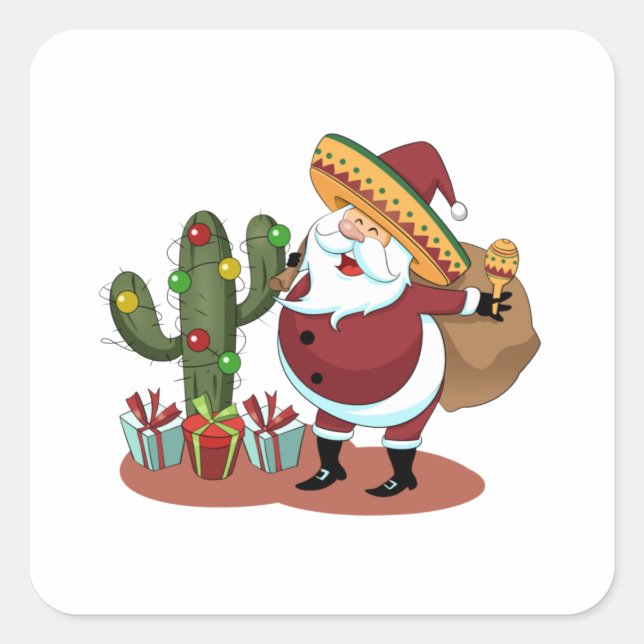 Cartoon cactus and Santa Claus wearing a sombrero Square Sticker (Front)