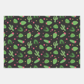 Cartoon cactus with flowers on a black background wrapping paper sheet
