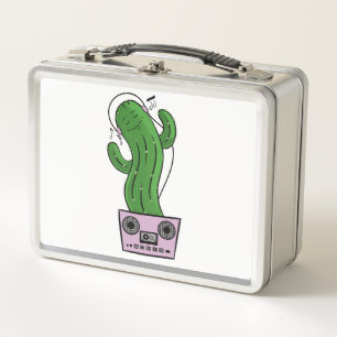Cartoon Cactus with Headphones and Boombox as Pot Metal Lunch Box