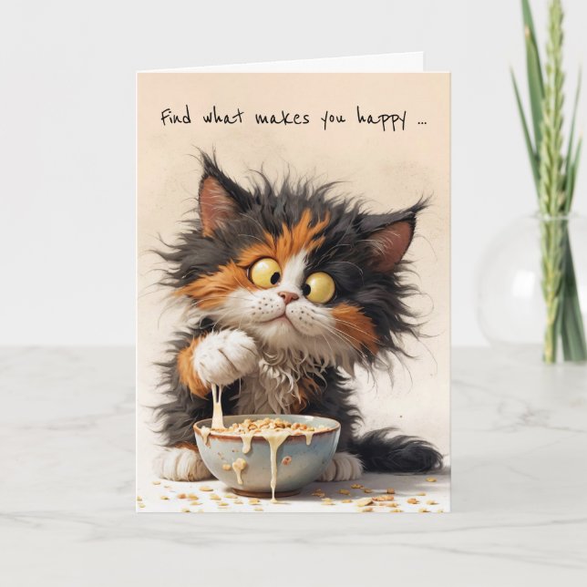 Cartoon Calico Cat Birthday Breakfast Card (Front)