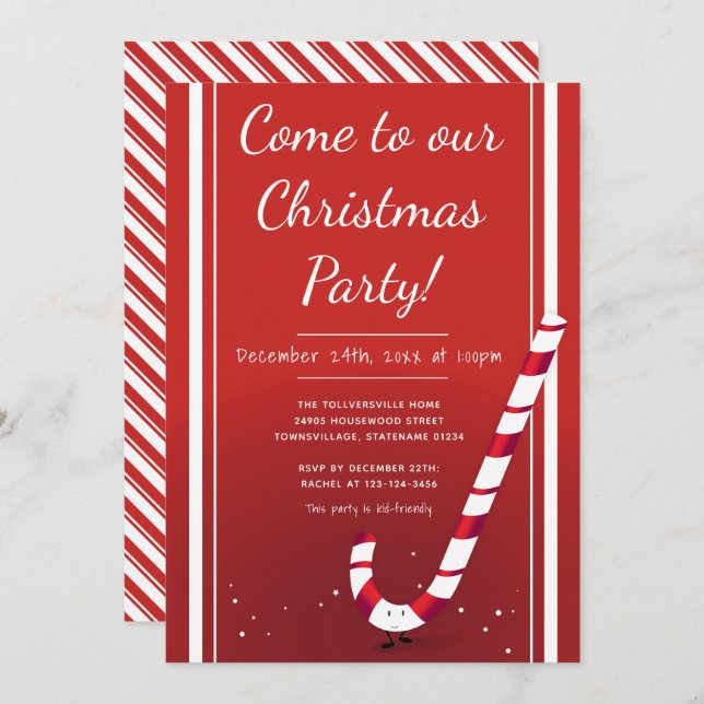Cartoon Candy Cane | Christmas Party Invitation (Front/Back)