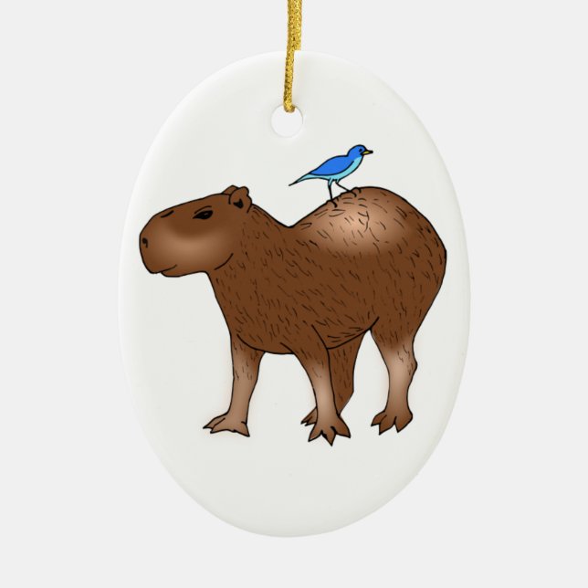 Cartoon Capybara with Blue Bird on Its Back Ceramic Tree Decoration (Front)