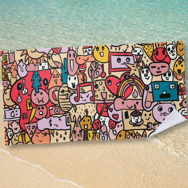 Cartoon Caracter Hand Drawn Toss Pattern Kids Beach Towel (Creator Uploaded)
