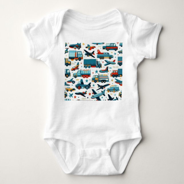 Cartoon cars trucks aeroplane Baby Bodysuit  (Front)