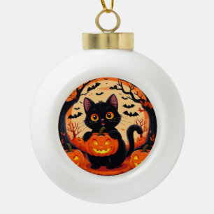 Cartoon Cat and Pumpkins Under Full Moon Ceramic Ball Christmas Ornament