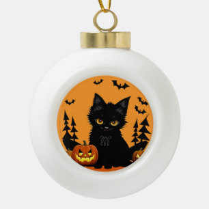 Cartoon Cat and Pumpkins Under Full Moon Ceramic Ball Christmas Ornament
