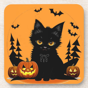 Cartoon Cat and Pumpkins Under Full Moon Coaster