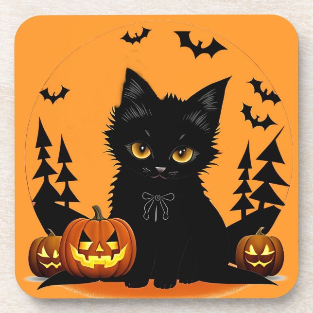 Cartoon Cat and Pumpkins Under Full Moon Coaster (Front)