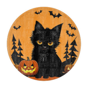 Cartoon Cat and Pumpkins Under Full Moon Cutting Board