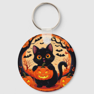 Cartoon Cat and Pumpkins Under Full Moon Key Ring
