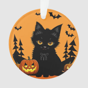 Cartoon Cat and Pumpkins Under Full Moon Ornament