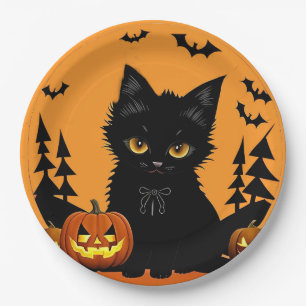 Cartoon Cat and Pumpkins Under Full Moon Paper Plate