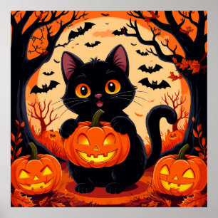 Cartoon Cat and Pumpkins Under Full Moon Poster