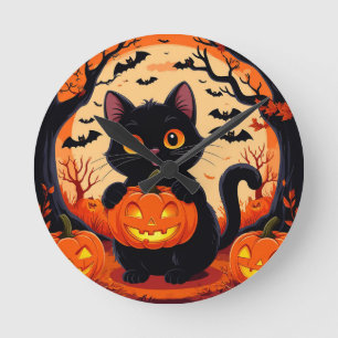 Cartoon Cat and Pumpkins Under Full Moon Round Clock
