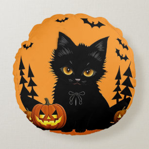 Cartoon Cat and Pumpkins Under Full Moon Round Cushion