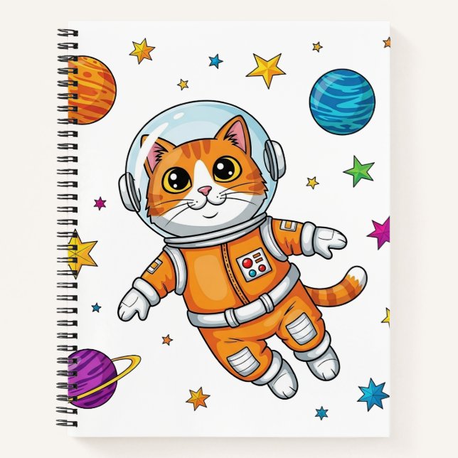 Cartoon Cat Astronaut Floating in Space Notebook (Front)