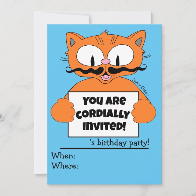 Cartoon Cat Boy's Birthday Party Invitation Blue (Front)