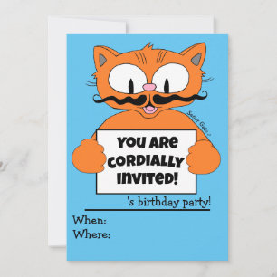 Cartoon Cat Boy's Birthday Party Invitation Blue