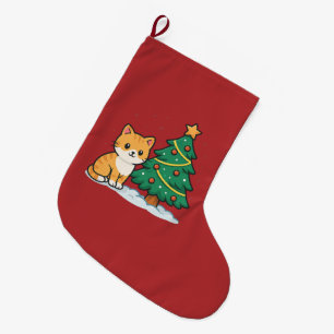 Cartoon Cat by Christmas Tree Snowy Sticker Large Christmas Stocking
