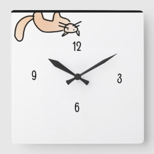 Cartoon Cat Clinging Upside Down to Ceiling Square Wall Clock