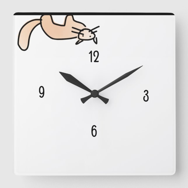 Cartoon Cat Clinging Upside Down to Ceiling Square Wall Clock (Front)