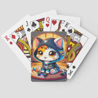 cartoon cat, cosy rug, plants, candle, video games playing cards