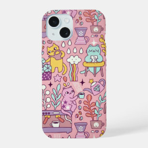 Cartoon Cat Fun On Pink iPhone 15 Case