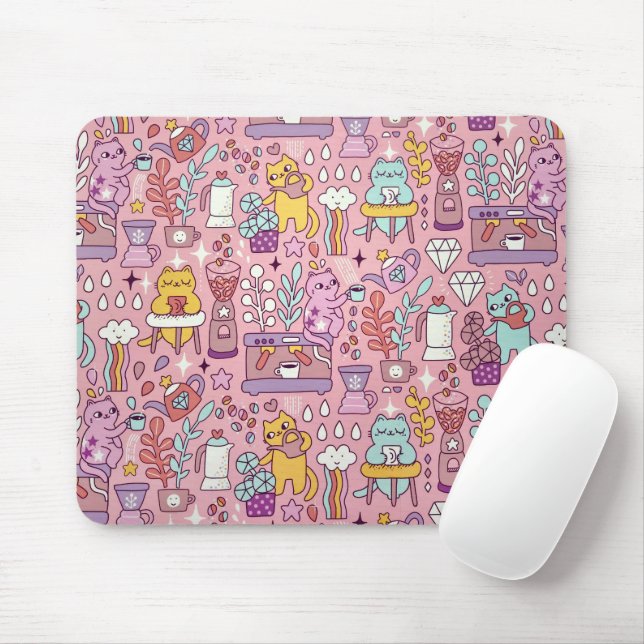Cartoon Cat Fun On Pink Mouse Pad (With Mouse)