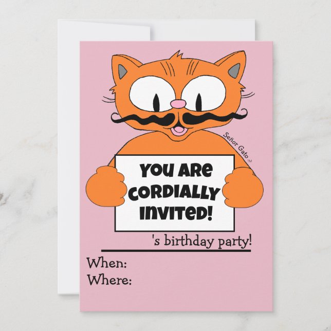 Cartoon Cat Girl's Birthday Party Invitation Pink (Front)