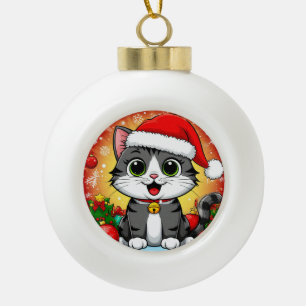 Cartoon Cat in Santa Hat With Christmas Decoration