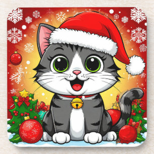 Cartoon Cat in Santa Hat With Christmas Decoration Coaster
