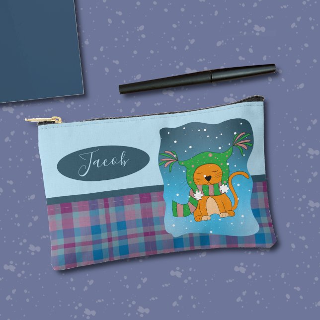 Cartoon Cat in the Snow Blue Pencil Pouch (Cute cartoon ginger cat in the snow pencil pouch with name .)