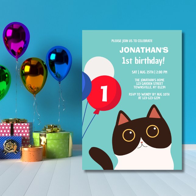 Cartoon Cat Rainbow Balloon Kids Birthday Invitation (Creator Uploaded)