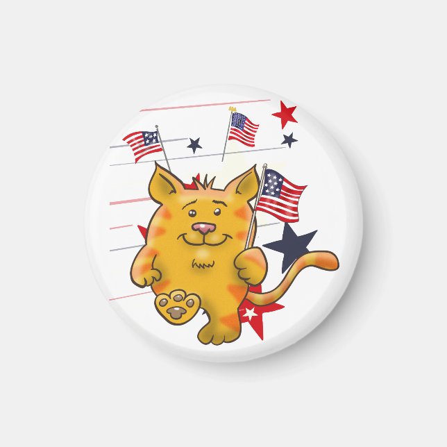 Cartoon Cat with American Flag Magnet (Front)