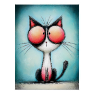 Cartoon cat with huge red eyes poster