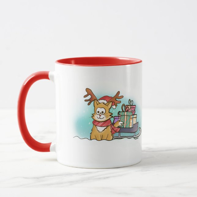 Cartoon Cat with Reindeer Hat and Sleigh Christmas Mug (Left)