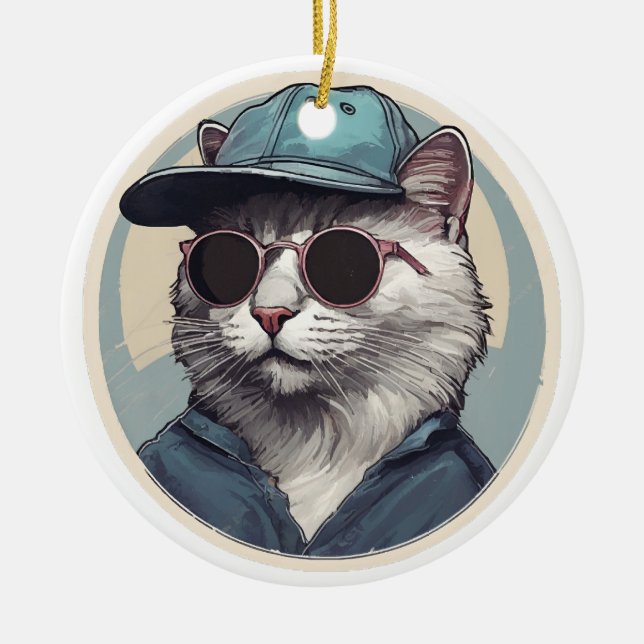 Cartoon Cat with Sunglasses Ceramic Ornament (Front)