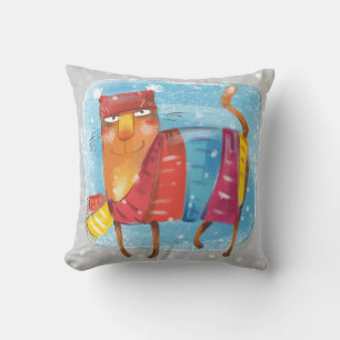 Cartoon cat, wrapped up warm in winter snow scene cushion