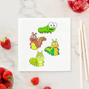 Cartoon Caterpillars Green Yellow Brown Napkin