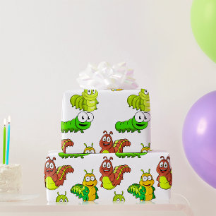 Cartoon Caterpillars Green Yellow Brown Wrapping Paper