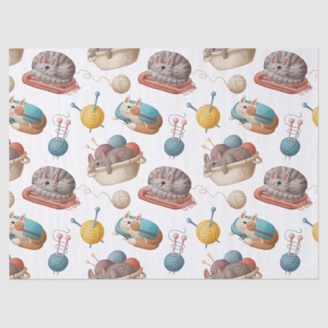 Cartoon Cats and Yarn Decoupage Tissue Paper (Front)