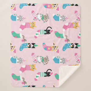 Cartoon Cats Christmas Seamless Pattern Sherpa Blanket
